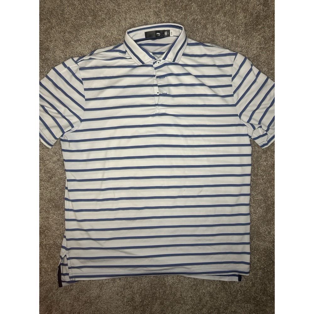 RLX Ralph Lauren Men's L Regular White Blue Green Striped Polo SS Collared Logo